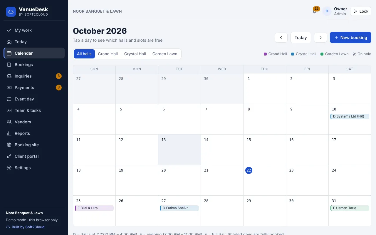 VenueDesk — Hall calendar by day and shift