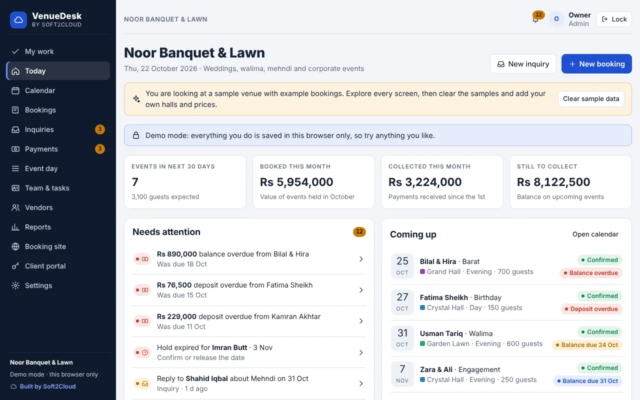 VenueDesk — Dashboard with today’s events and money due